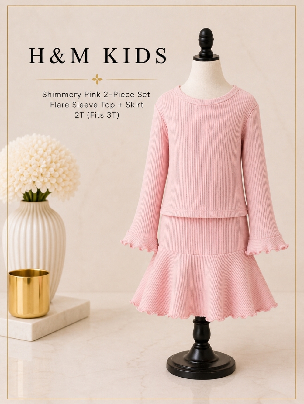 đź’– H&M Shimmery Pink 2-Piece Set | Flare Sleeve Top + Skirt | 2T (Fits 3T) NWOT - Picture 1 of 13